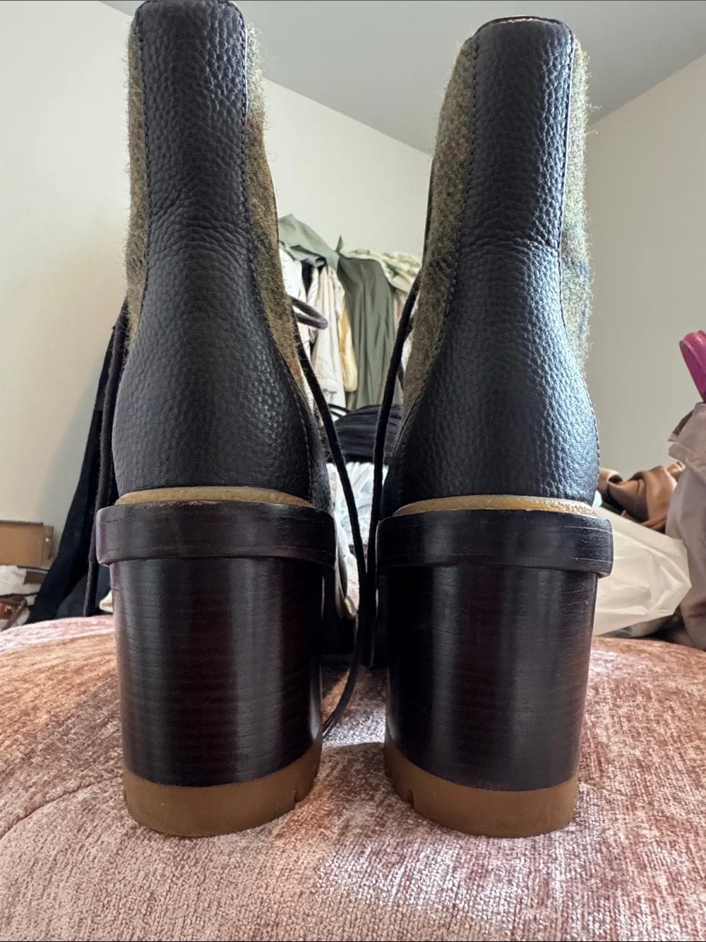 TORY BURCH Tweed Lace-Up Block Heel Ankle Boots - Olive Plaid - Picture 6 of 10